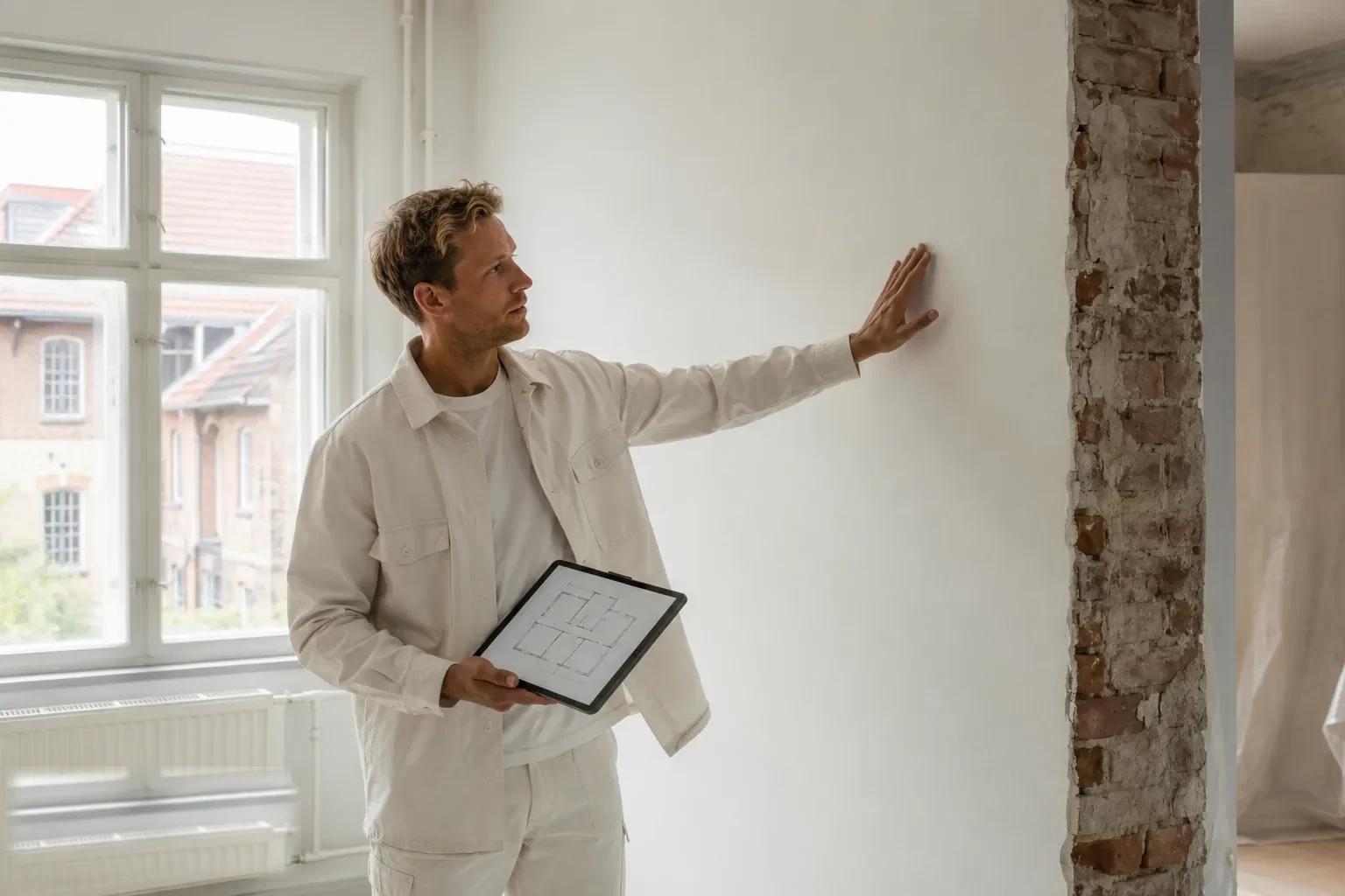 Fagperson gennemgår en bygning med tablet og plantegning