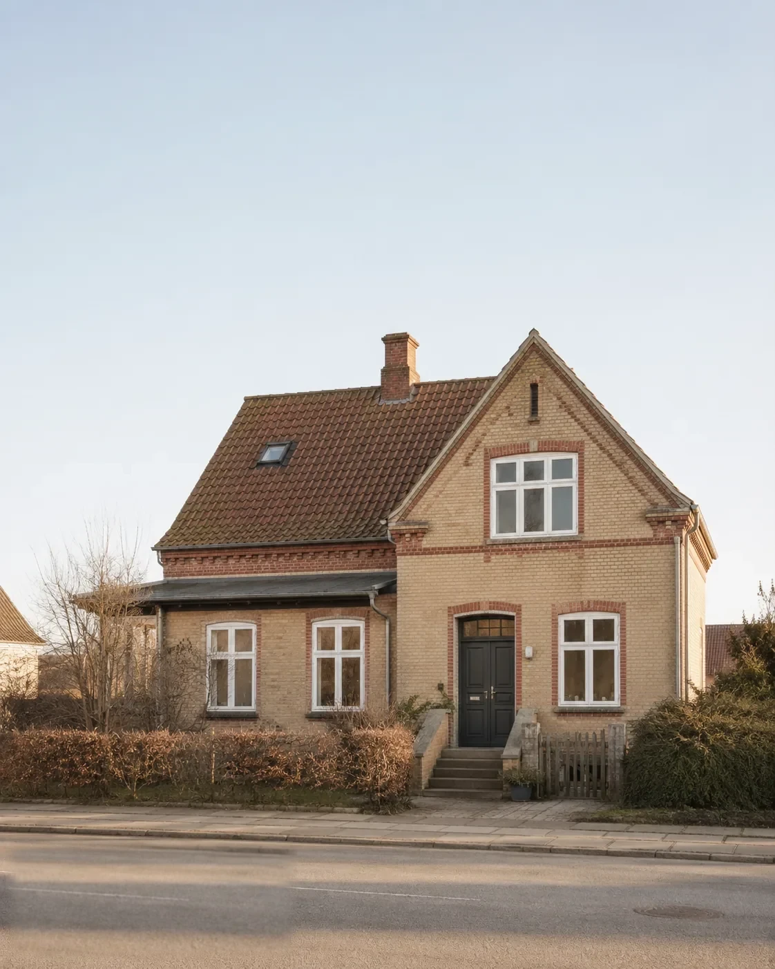 Ældre dansk murstenshus set forfra på en villavej